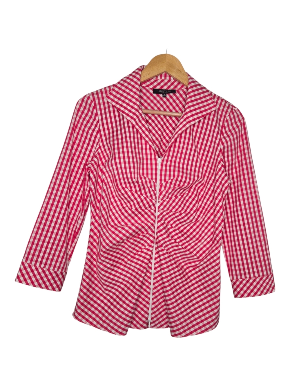 Lafayette 148 Womens Red Gingham Plaid Print Ruched Full Zip Blouse Size 6